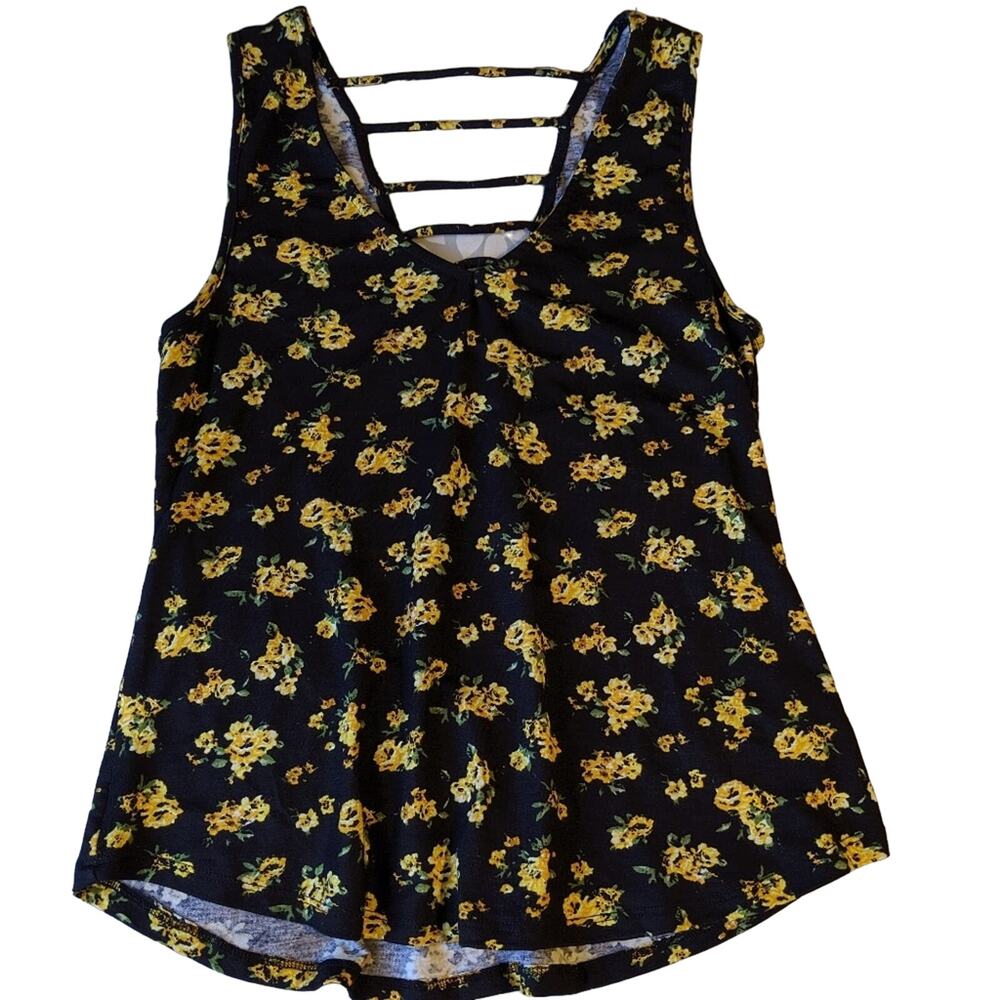 New V-neck Black & Yellow Floral Tank Top Size Small